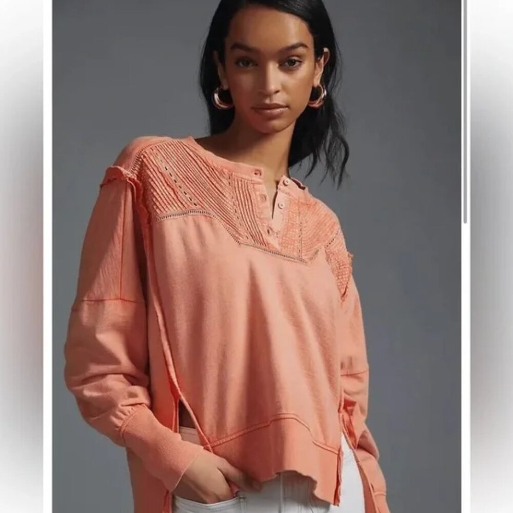 EUC Anthropologie Pilcro Coral Pintuck Raw-Edge Henley Sweatshirt